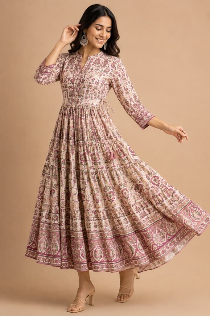 Roohani Dusty Plum Tiered Cotton Anarkali Dress with Tassels