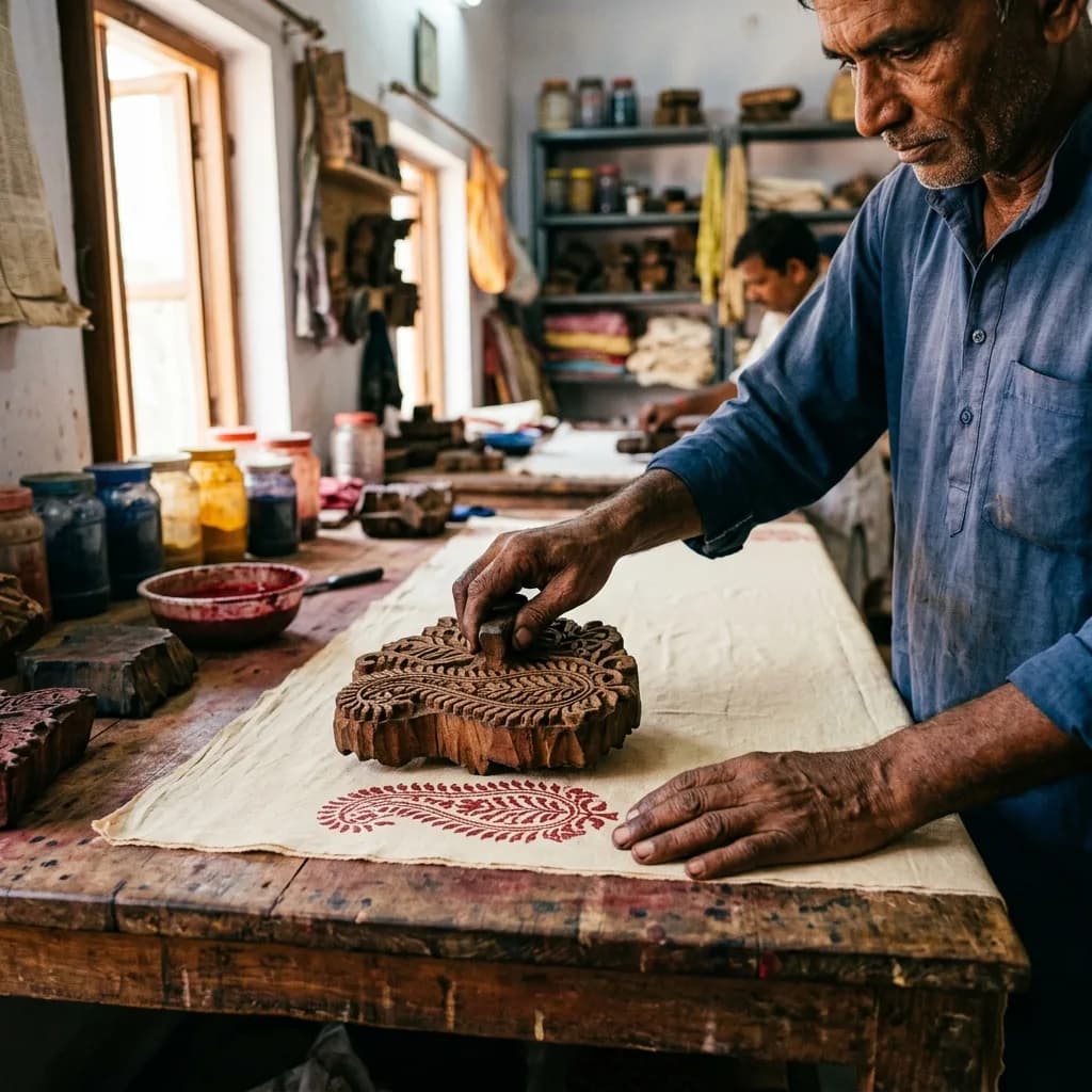 Master artisan block printing by hand in Jaipur