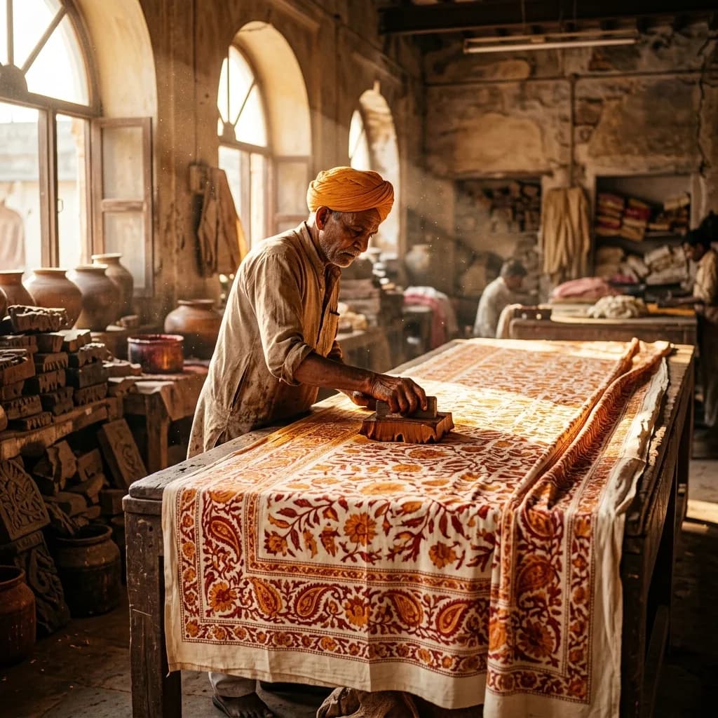 Block printing a massive cotton bedsheet