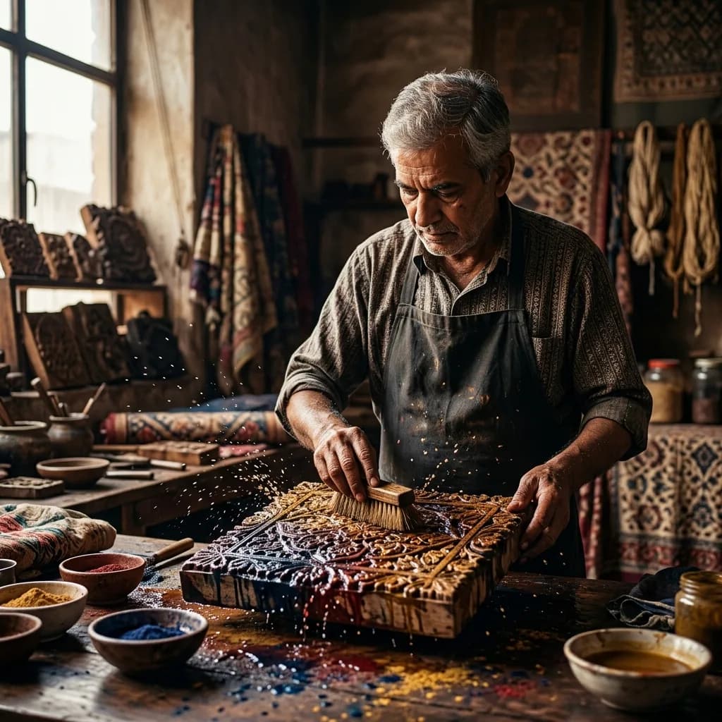 Cleaning the intricately carved wooden block