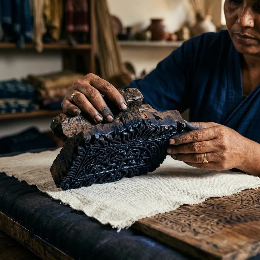 Close up of wooden block and indigo dye