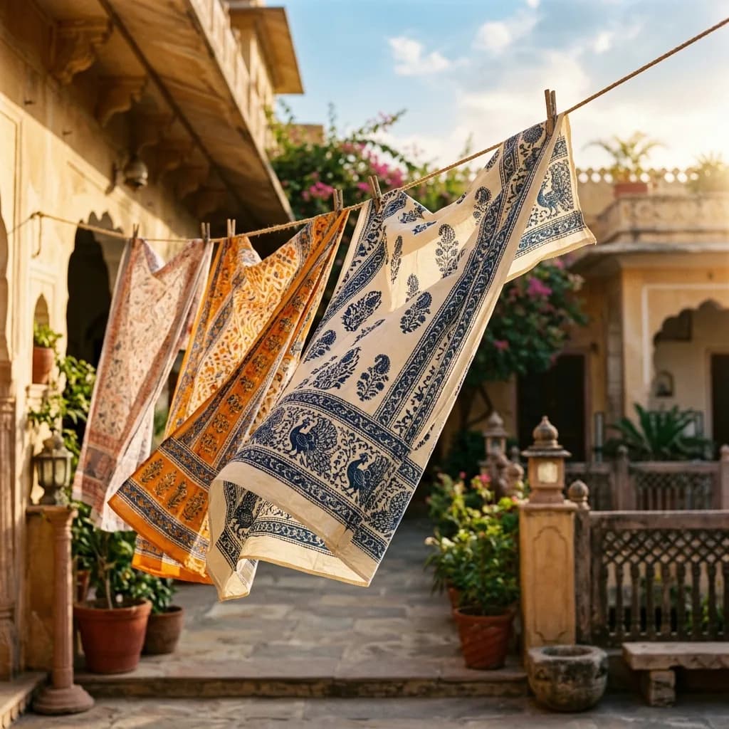 Bedsheets drying in the warm Jaipur sun