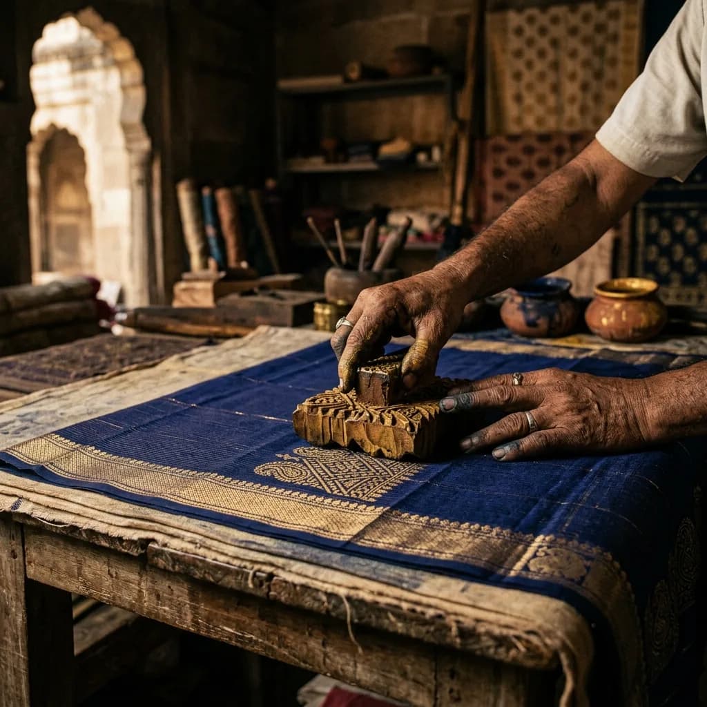 Artisan block printing on Maheshwari Saree
